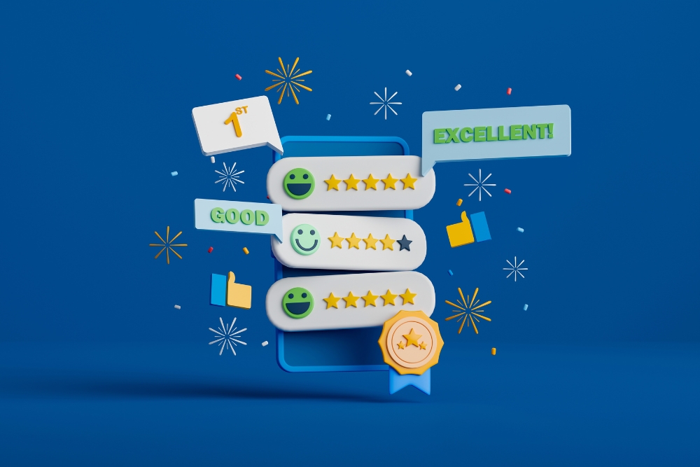 Illustration depicting user-generated content websites with positive reviews. Features star ratings, smiley faces, thumbs-up icons, and celebratory elements like fireworks on a blue background.