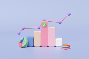 Illustration of a bar chart with a rising line graph, colourful pie charts, and a checkmark, representing engagement and performance metrics for Google My Business posts.