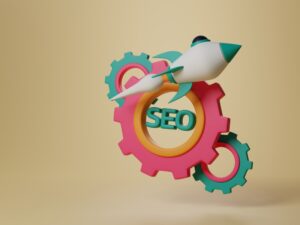 3D rocket symbolising small business search marketing growth with SEO gears for boosting online visibility.